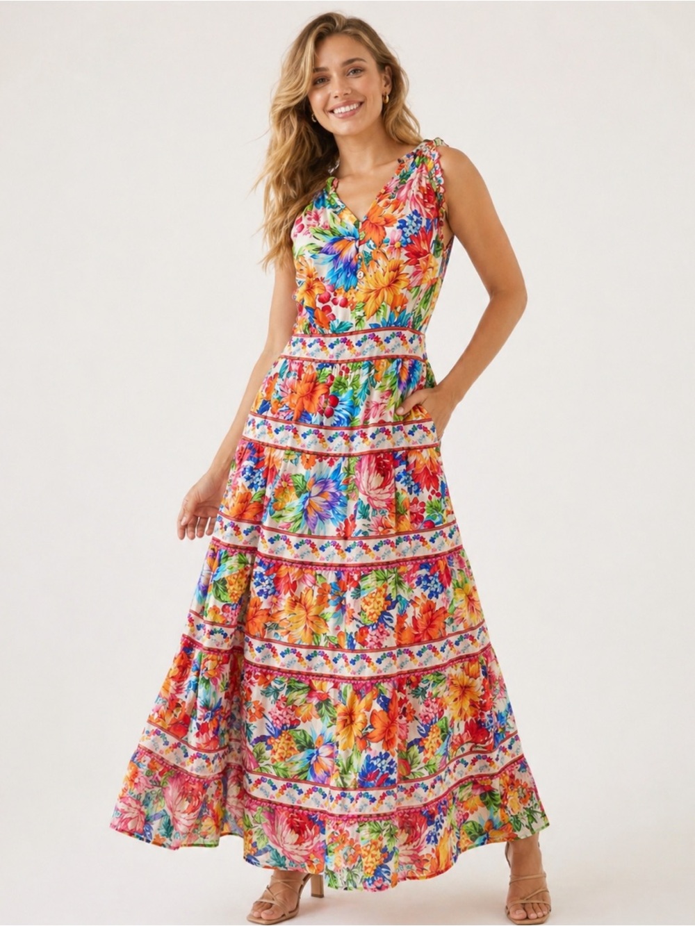 Hale Bob Miriam Voile Vibrant  Sleeveless Tiered Skirt Maxi Dress - Size Large